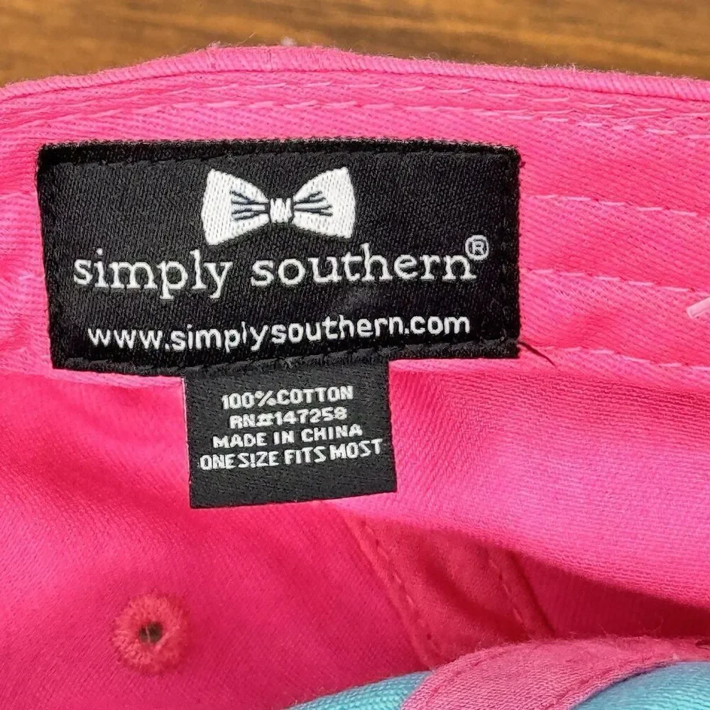 Simply Southern Happy Camper Embroidered Pink Aqua Baseball Hat Cap Distressed